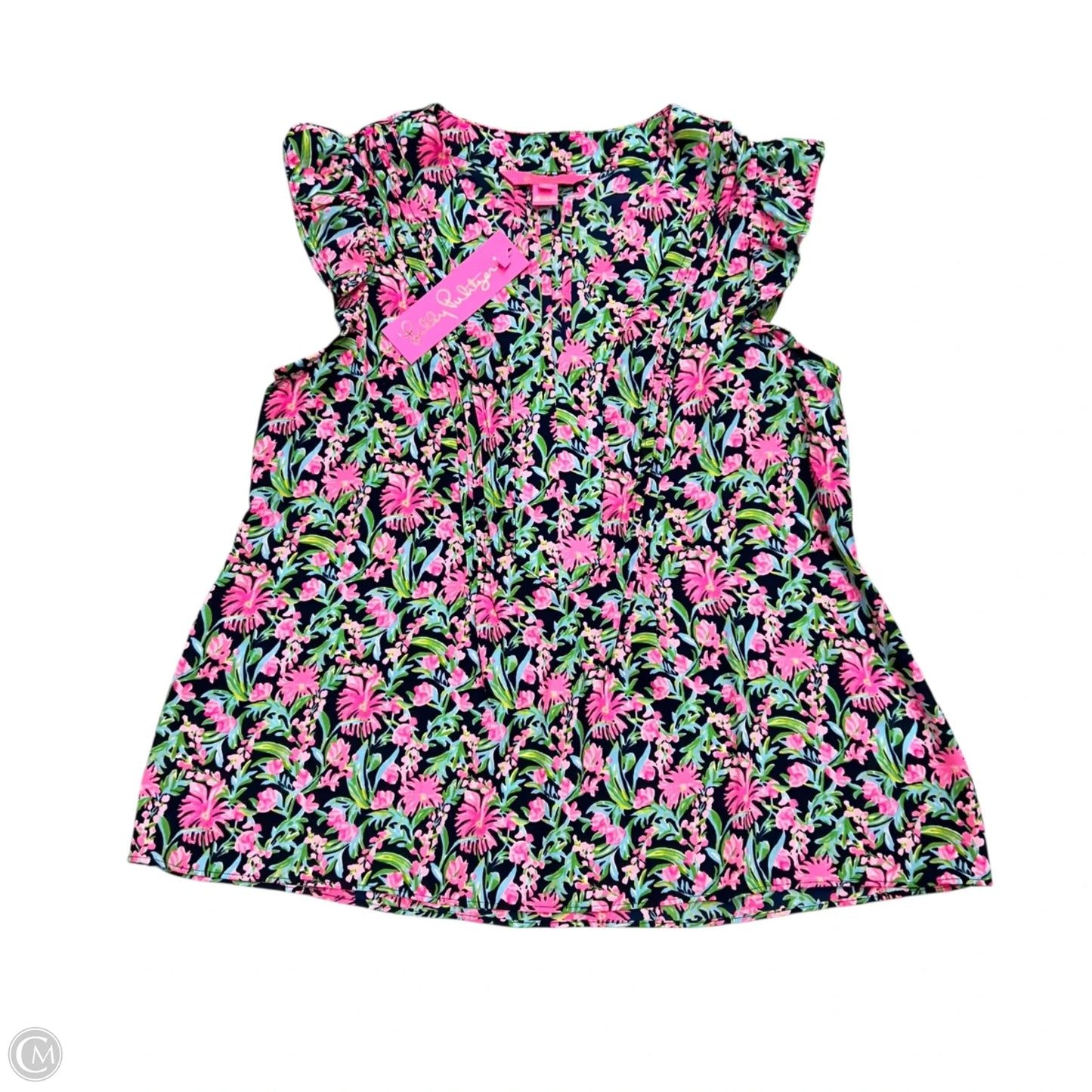 Top Short Sleeve Designer By Lilly Pulitzer In Green & Pink, Size: S
