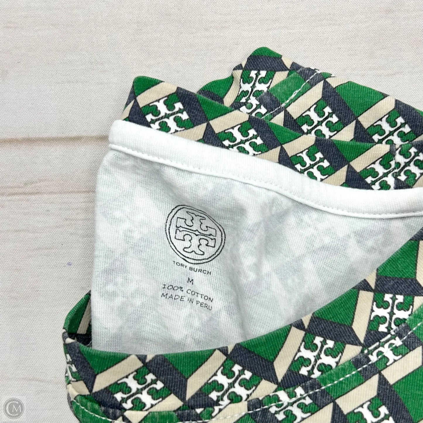 Top Short Sleeve Designer By Tory Burch In Green & White, Size: M
