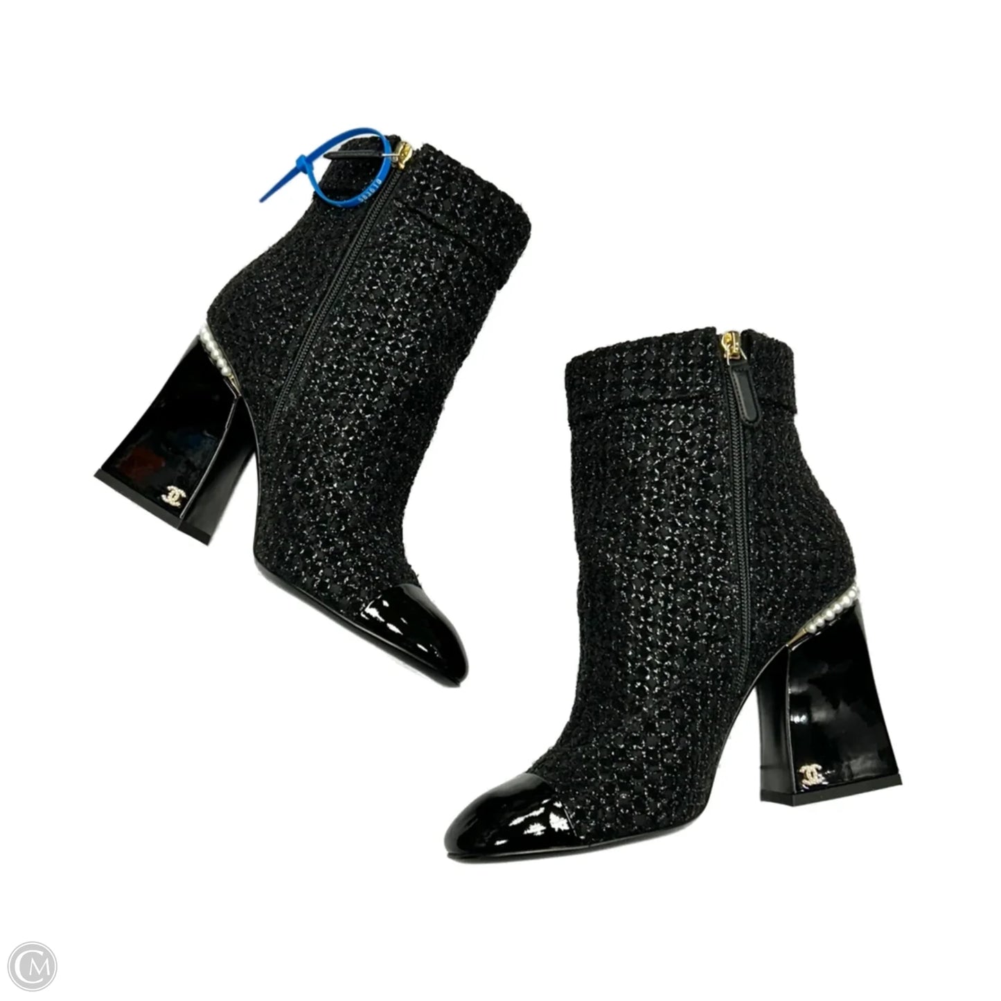 Boots Luxury Designer By Chanel In Black & Silver, Size: 9