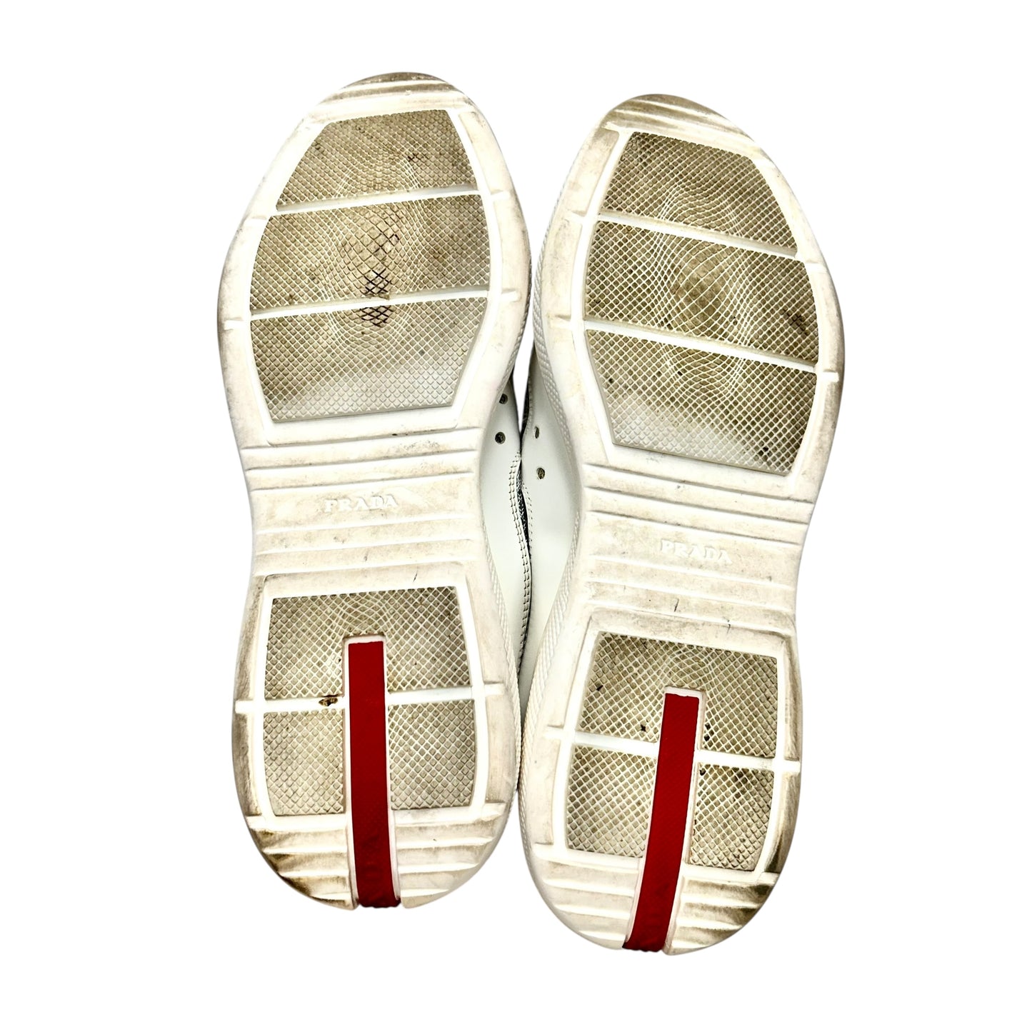 Shoes Luxury Designer By Prada In Grey & White, Size: 8.5