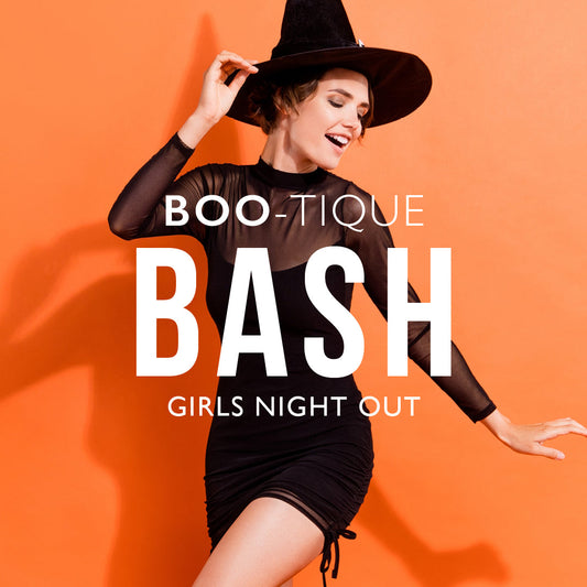 woman dressed as a witch and promoting a boo-tique bash with ghoul-friends