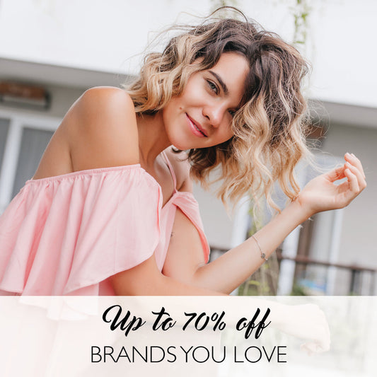 70% off brands you love, woman in pink dress