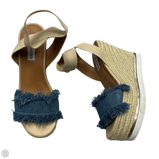 Sandals Heels Wedge By Steve Madden In Blue & Cream, Size: 7.5