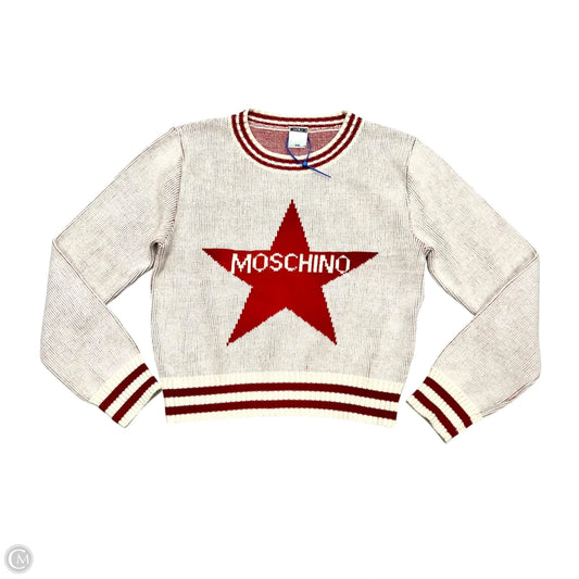 Sweater Cardigan Luxury Designer By Moschino In Cream & Red, Size: S