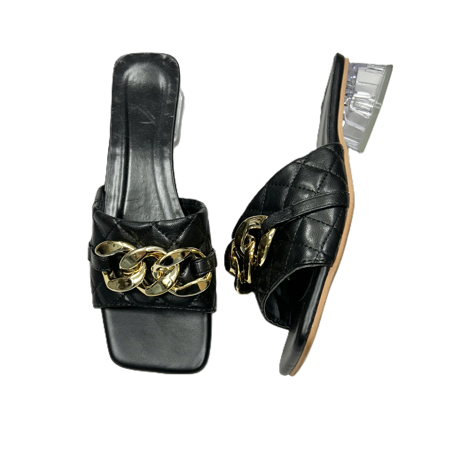 Sandals Heels Block In Black & Gold, Size: 8.5