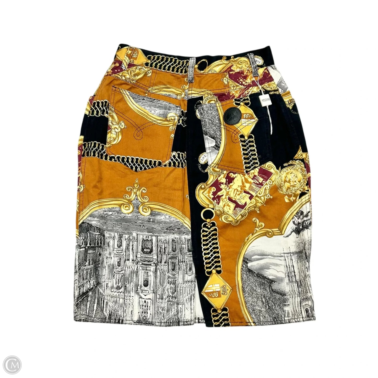 Skirt Luxury Designer By Moschino In Black & Gold, Size: 12
