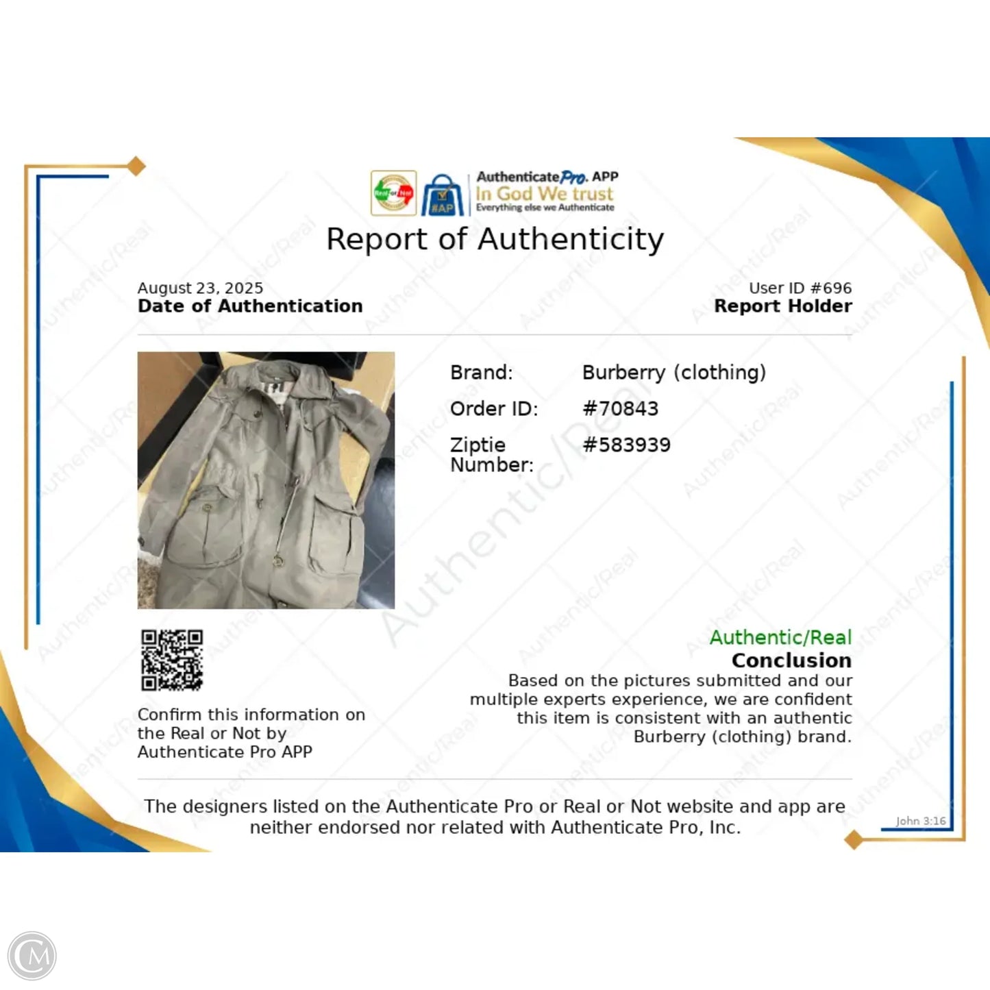 Jacket Luxury Designer By Burberry In Green, Size: S