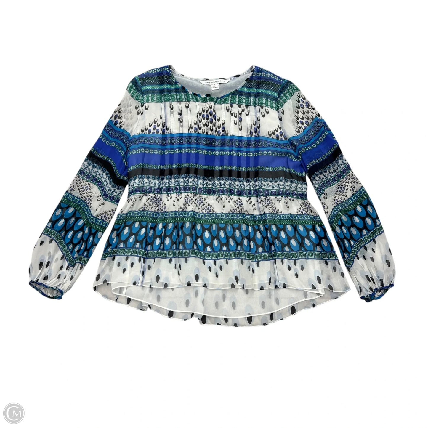 Top Long Sleeve Designer By Diane Von Furstenberg In Blue & White, Size: S