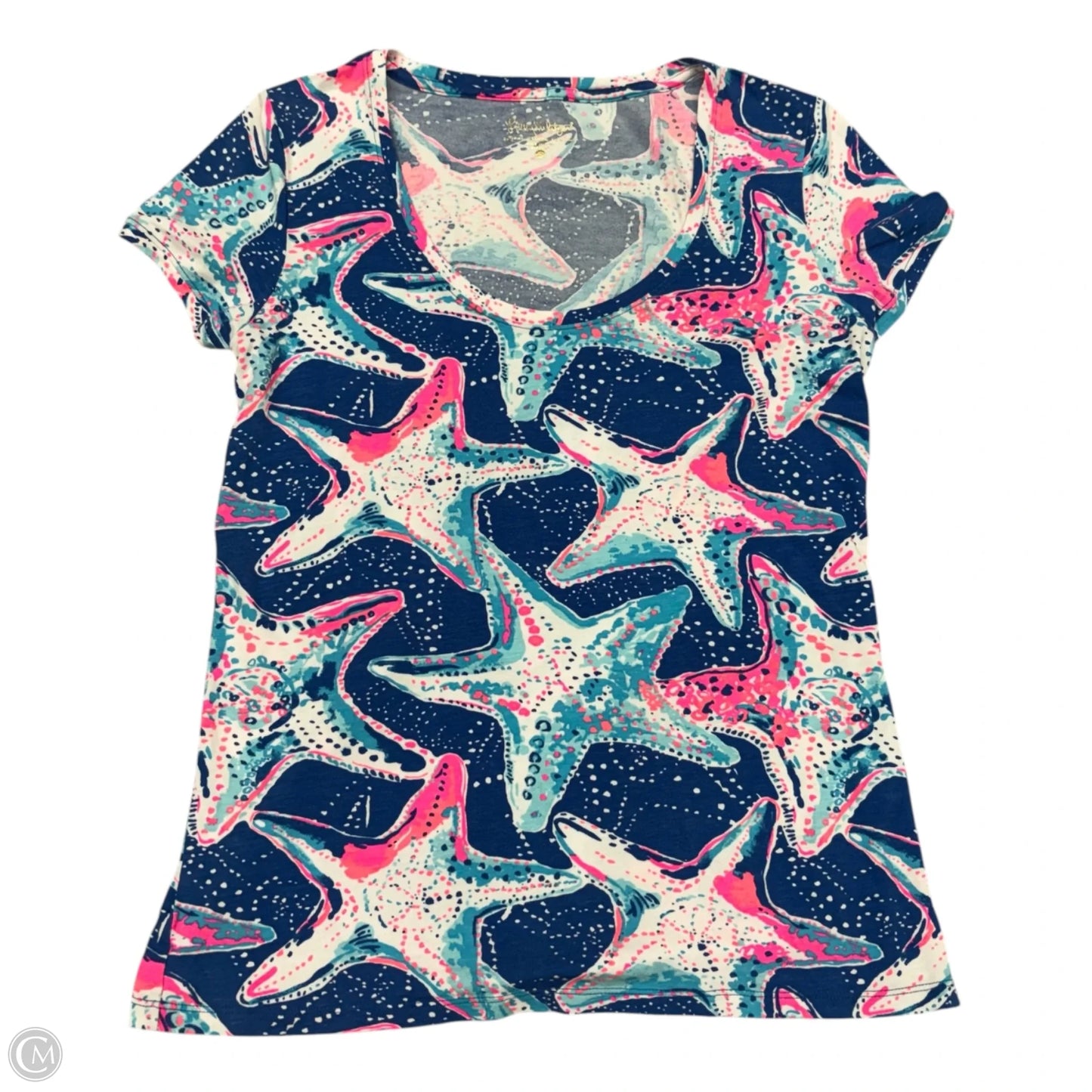 Top Short Sleeve Designer By Lilly Pulitzer In Blue & White, Size: S