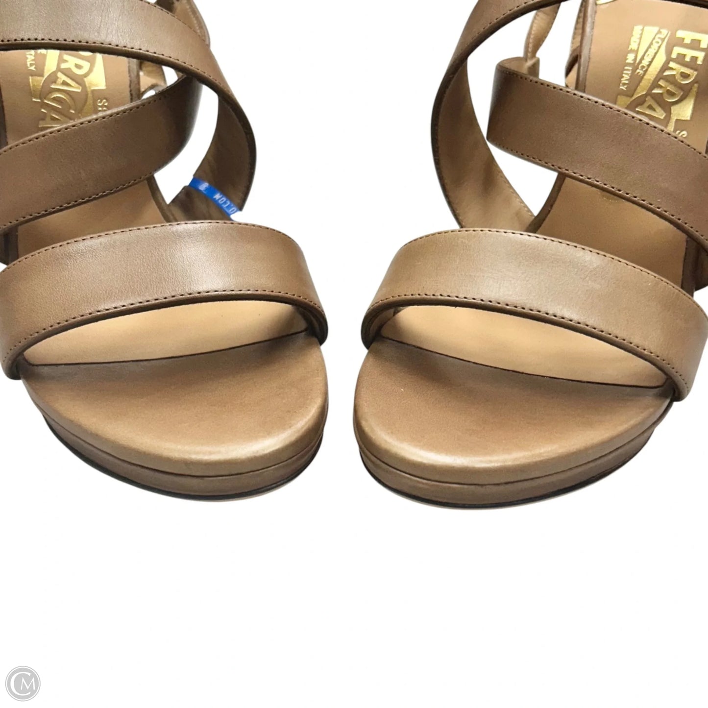 Sandals Luxury Designer By Ferragamo In Brown & Gold, Size: 5.5
