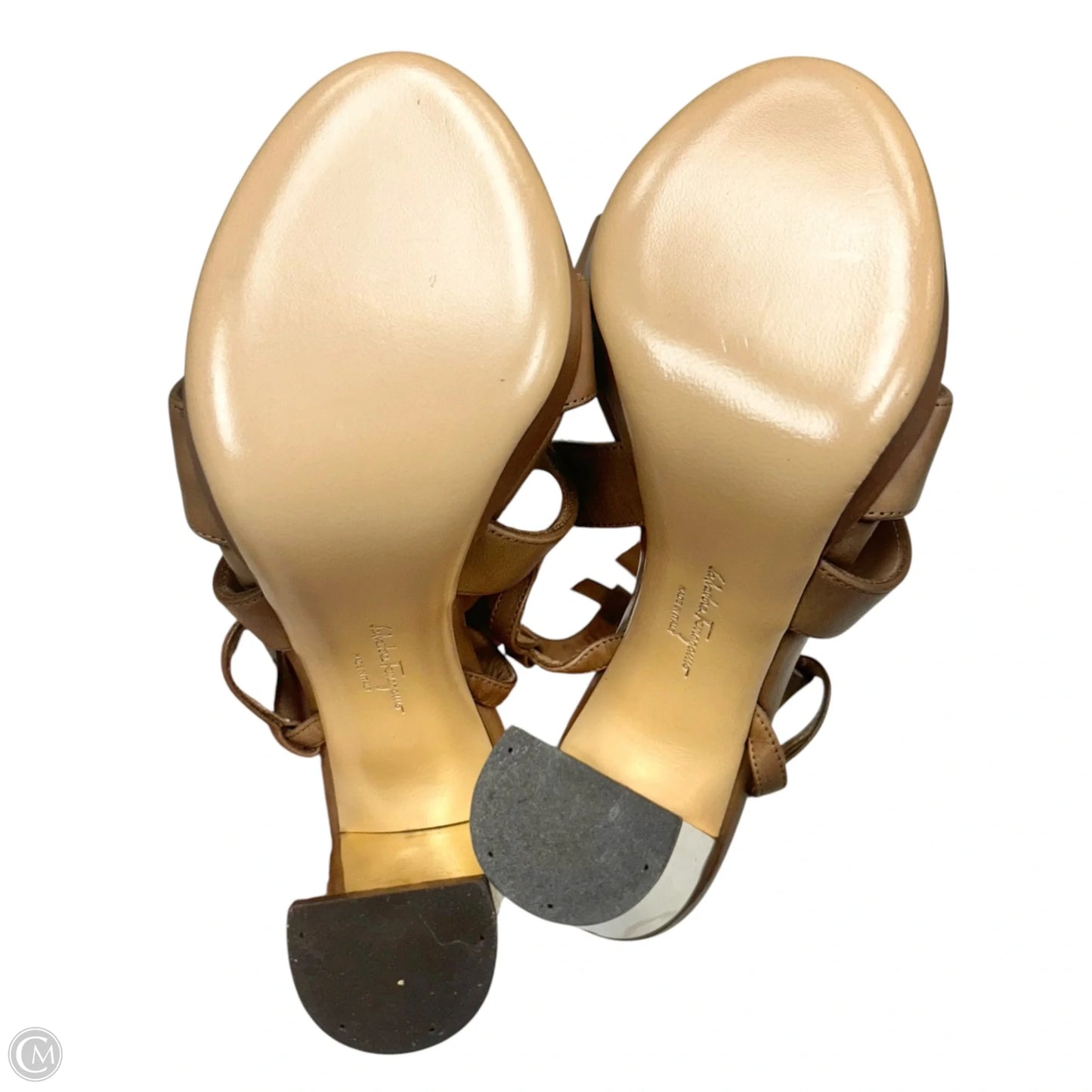 Sandals Luxury Designer By Ferragamo In Brown & Gold, Size: 5.5