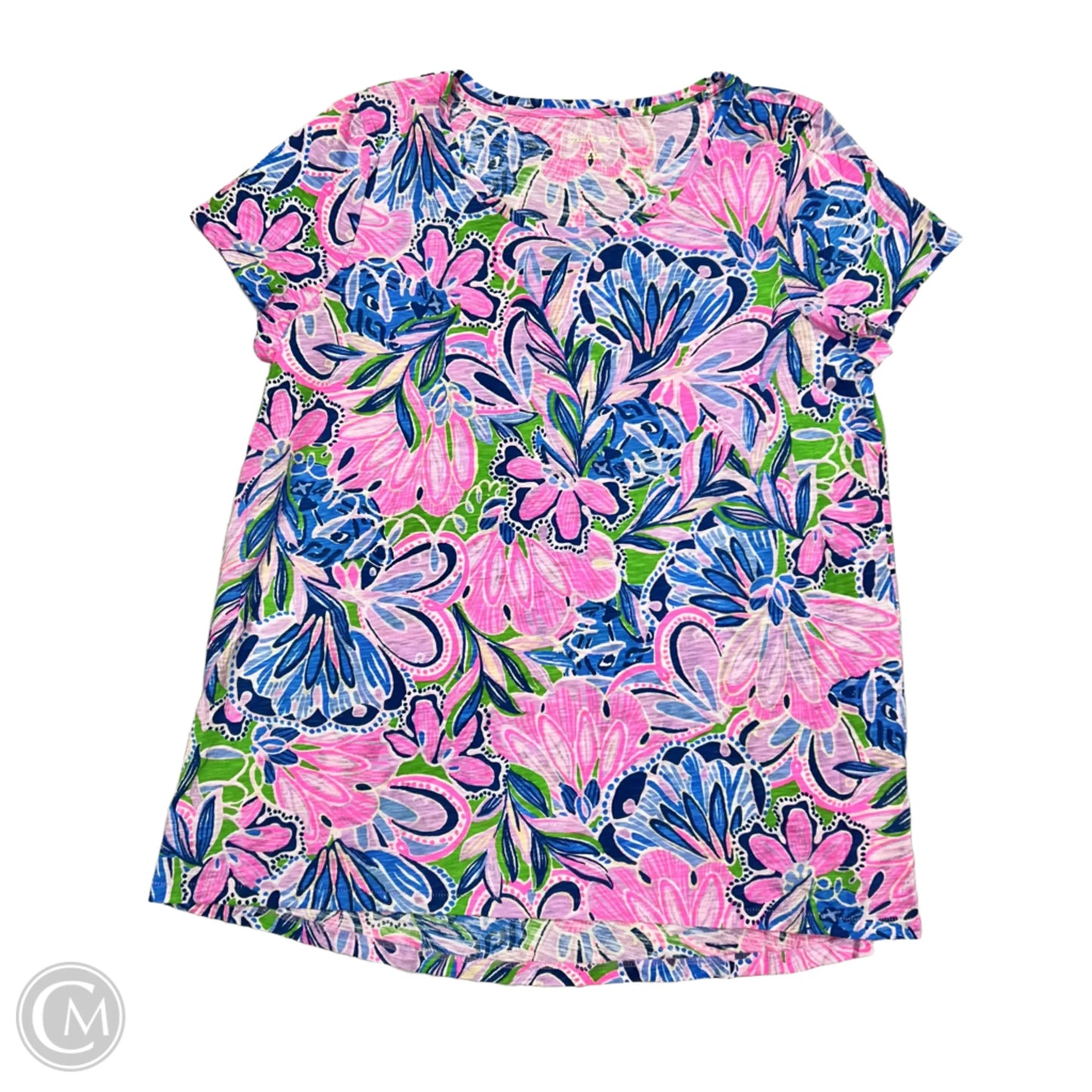 Top Short Sleeve Designer By Lilly Pulitzer In Blue & Pink, Size: Xl