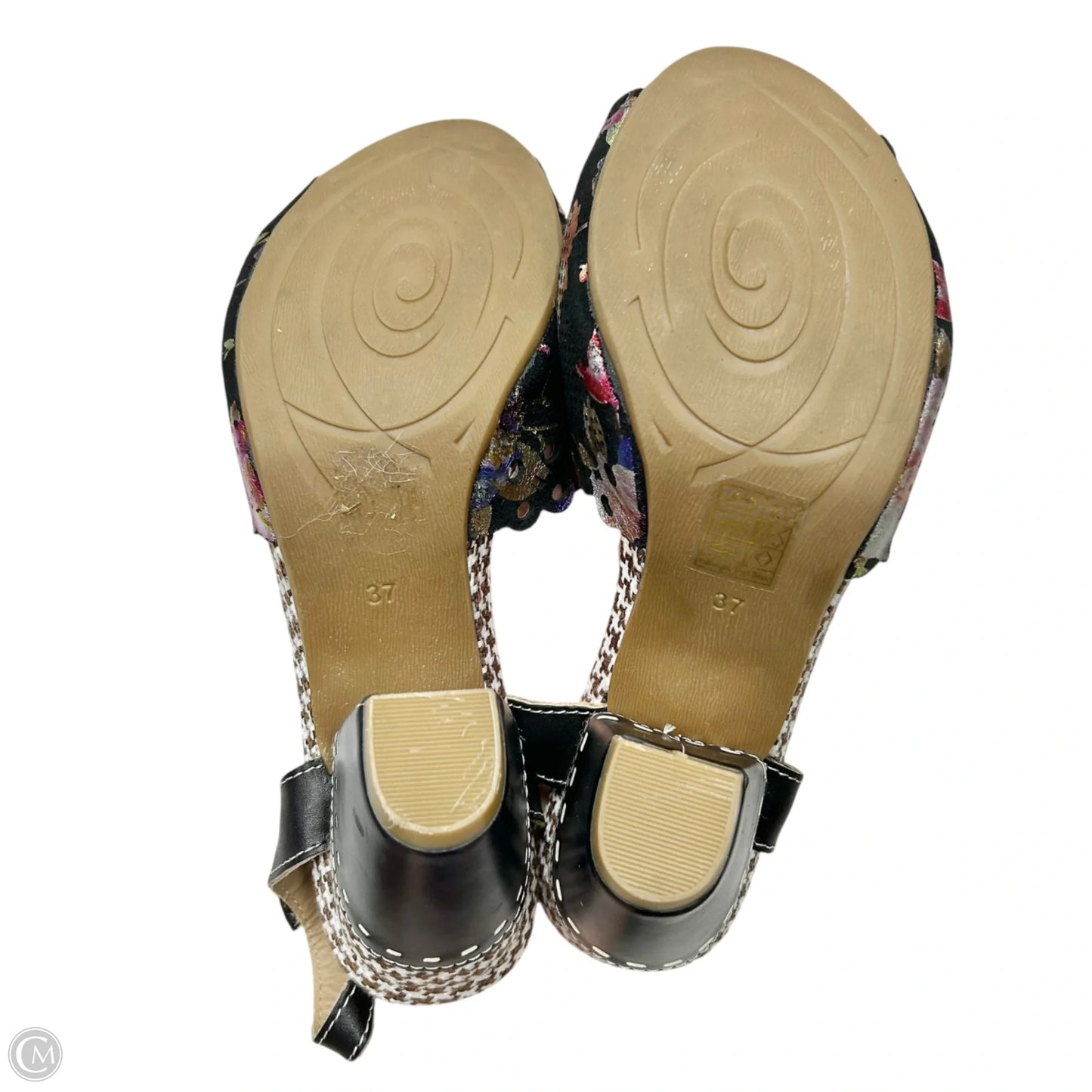Sandals Heels Block By Spring Step In Black Floral, Size: 6.5