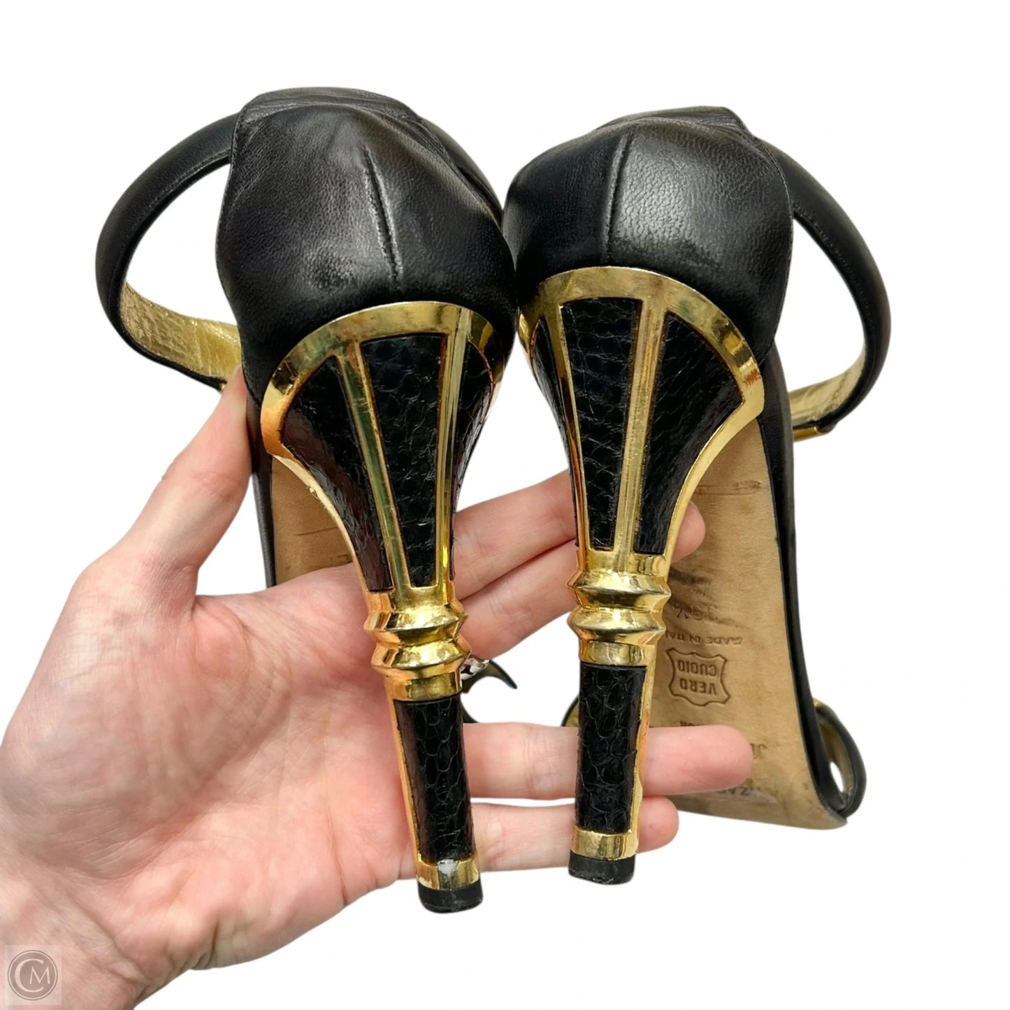 Shoes Luxury Designer By Jimmy Choo In Black & Gold, Size: 9