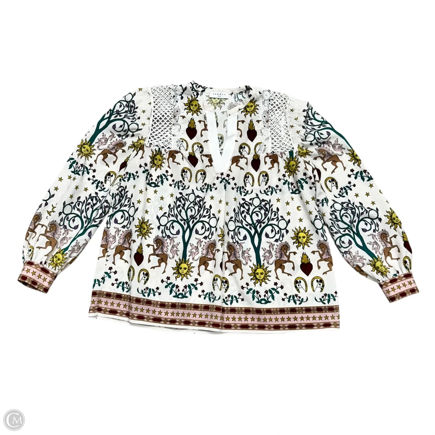 Top Long Sleeve Designer By Sandro In White & Yellow, Size: Xs
