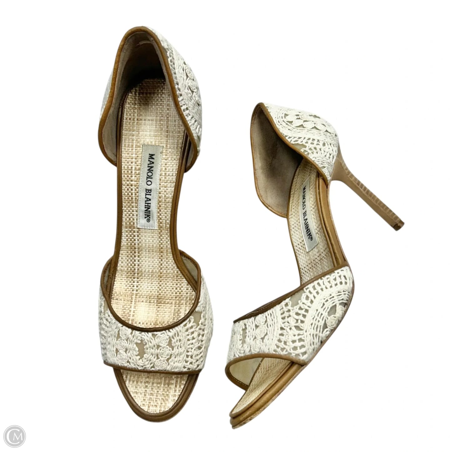 Shoes Luxury Designer By Manolo Blahnik In Brown & Cream, Size: 8.5