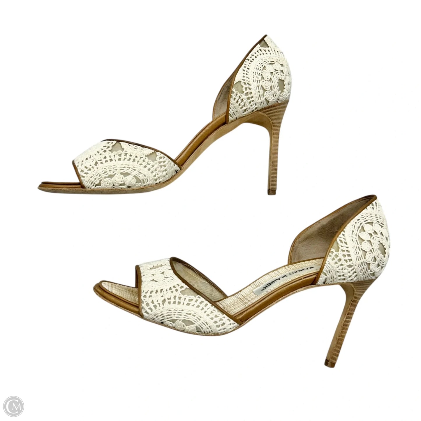 Shoes Luxury Designer By Manolo Blahnik In Brown & Cream, Size: 8.5