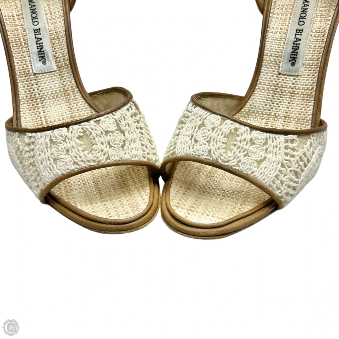 Shoes Luxury Designer By Manolo Blahnik In Brown & Cream, Size: 8.5