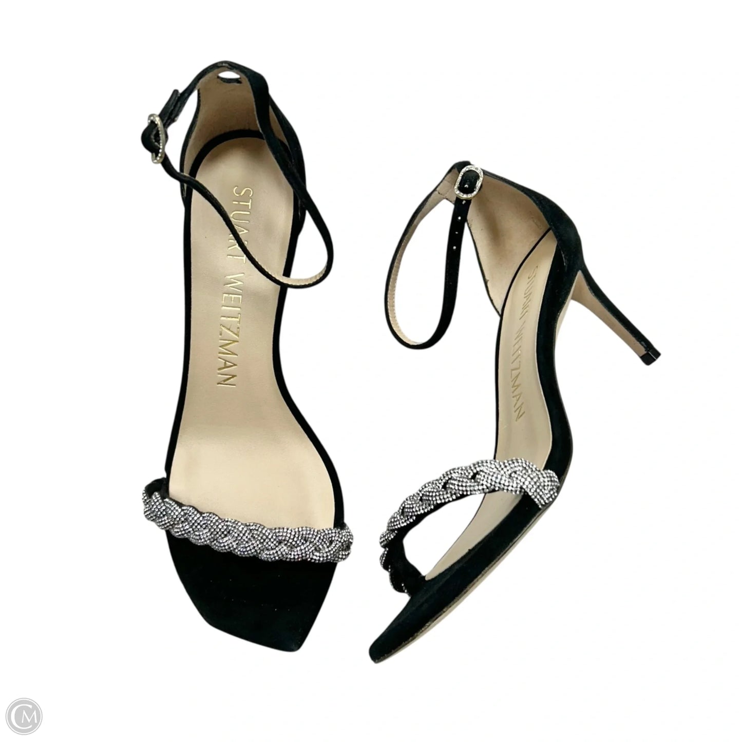 Sandals Designer By Stuart Weitzman In Black & Silver, Size: 6.5