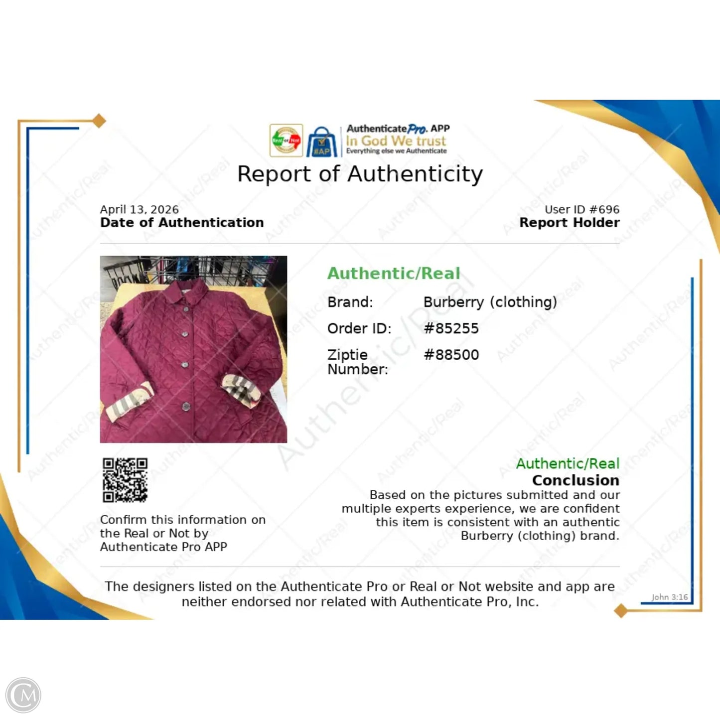 Jacket Luxury Designer By Burberry In Maroon, Size: L