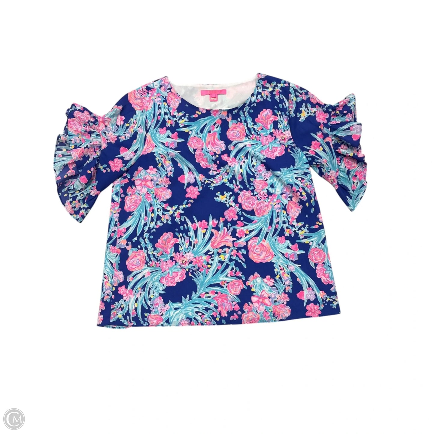 Top Short Sleeve Designer By Lilly Pulitzer In Blue & Pink, Size: M
