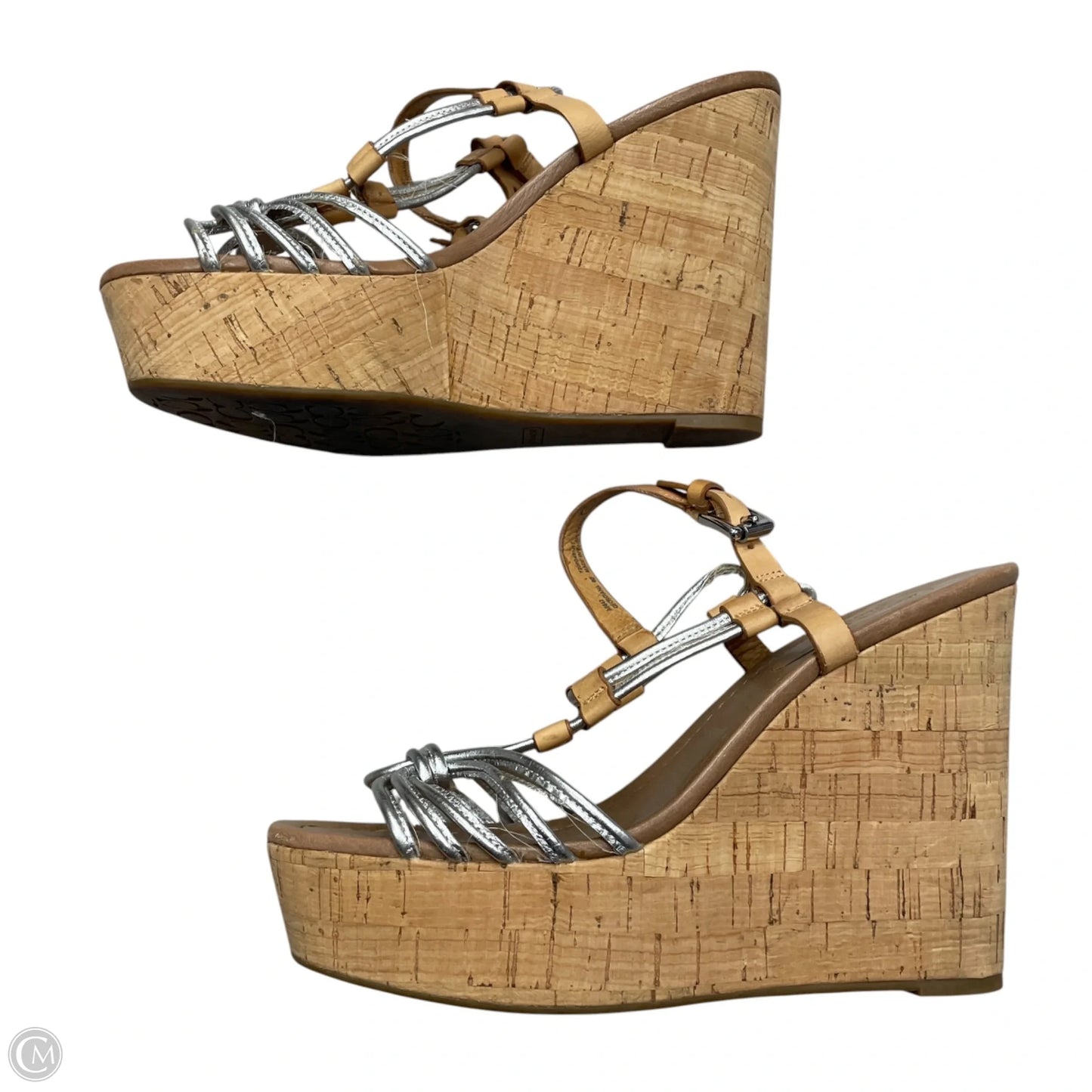 Sandals Designer By Coach In Silver & Tan, Size: 8