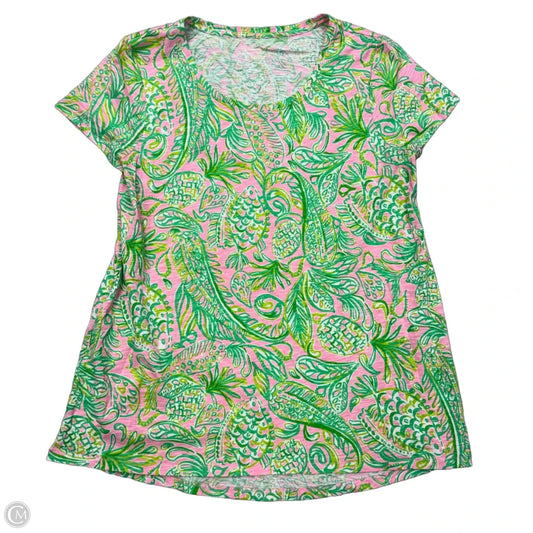 Top Short Sleeve Designer By Lilly Pulitzer In Green & Pink, Size: M