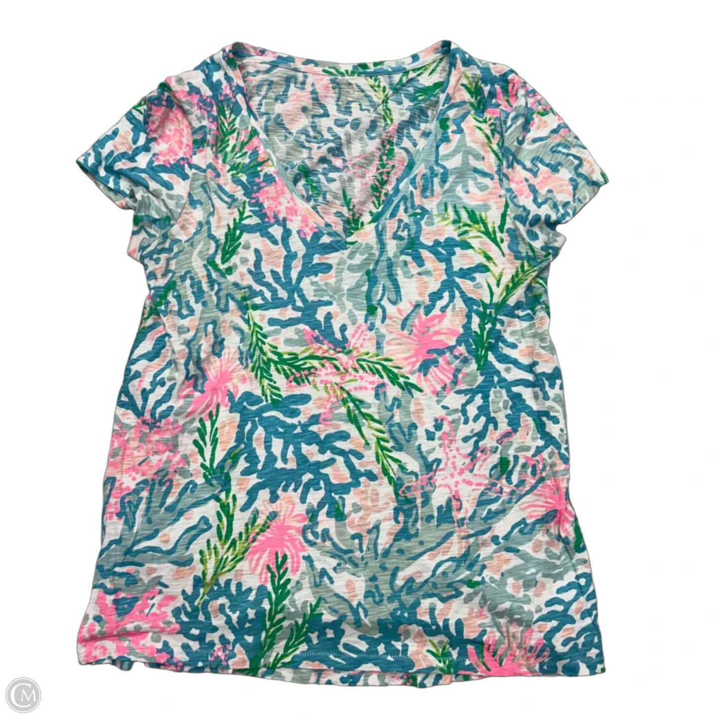 Top Short Sleeve Designer By Lilly Pulitzer In Blue & White, Size: M