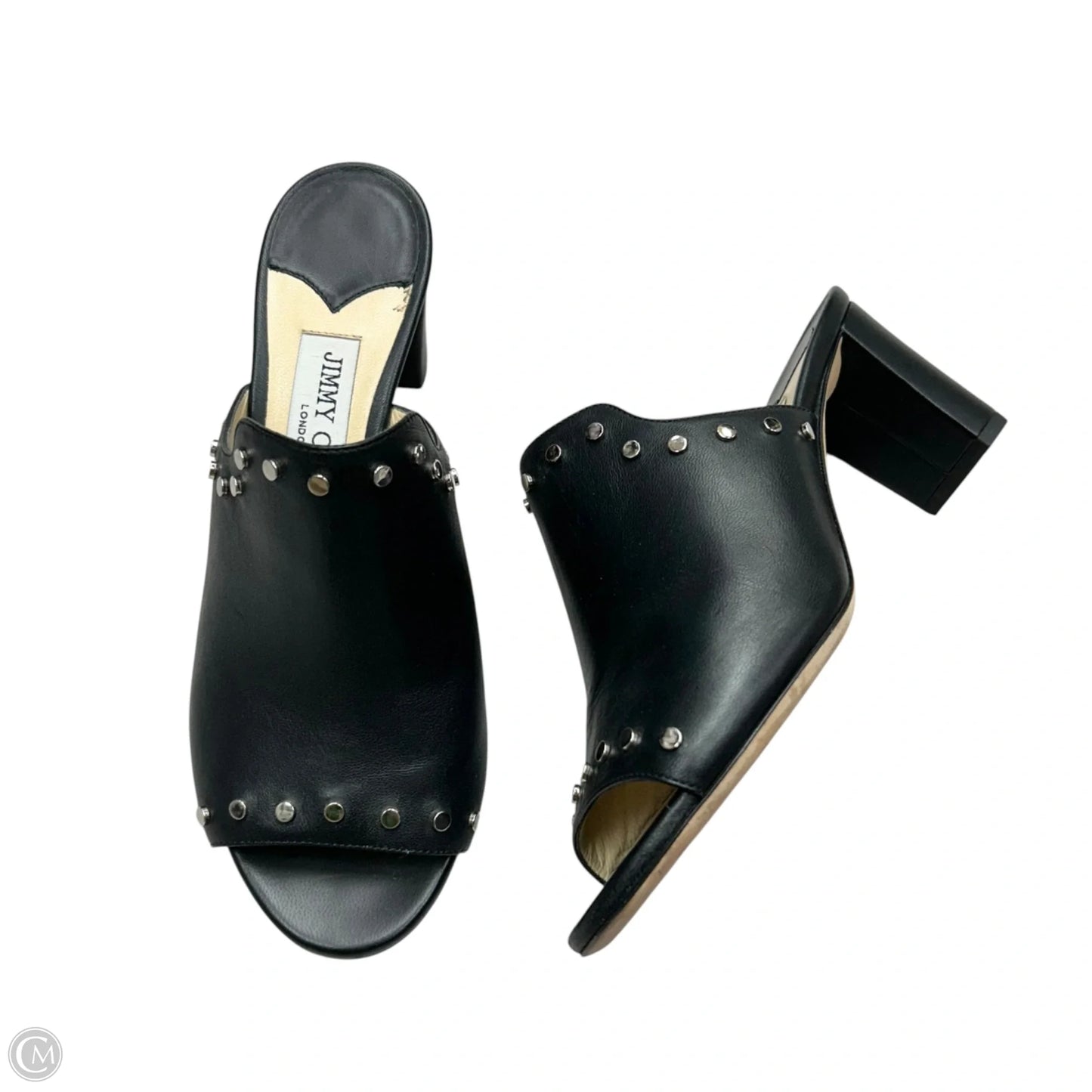 Sandals Luxury Designer By Jimmy Choo In Black & Silver, Size: 6.5