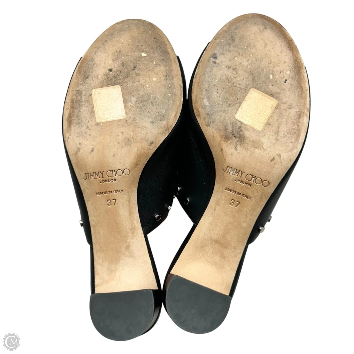 Sandals Luxury Designer By Jimmy Choo In Black & Silver, Size: 6.5
