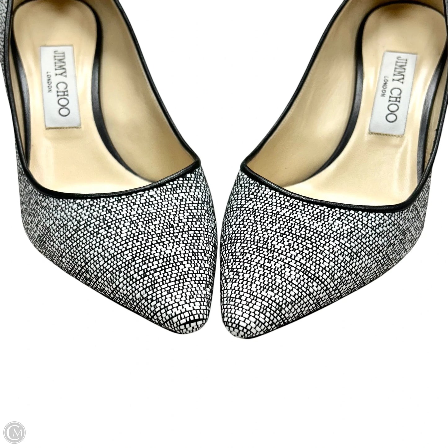 Shoes Luxury Designer By Jimmy Choo In Black & White, Size: 7.5