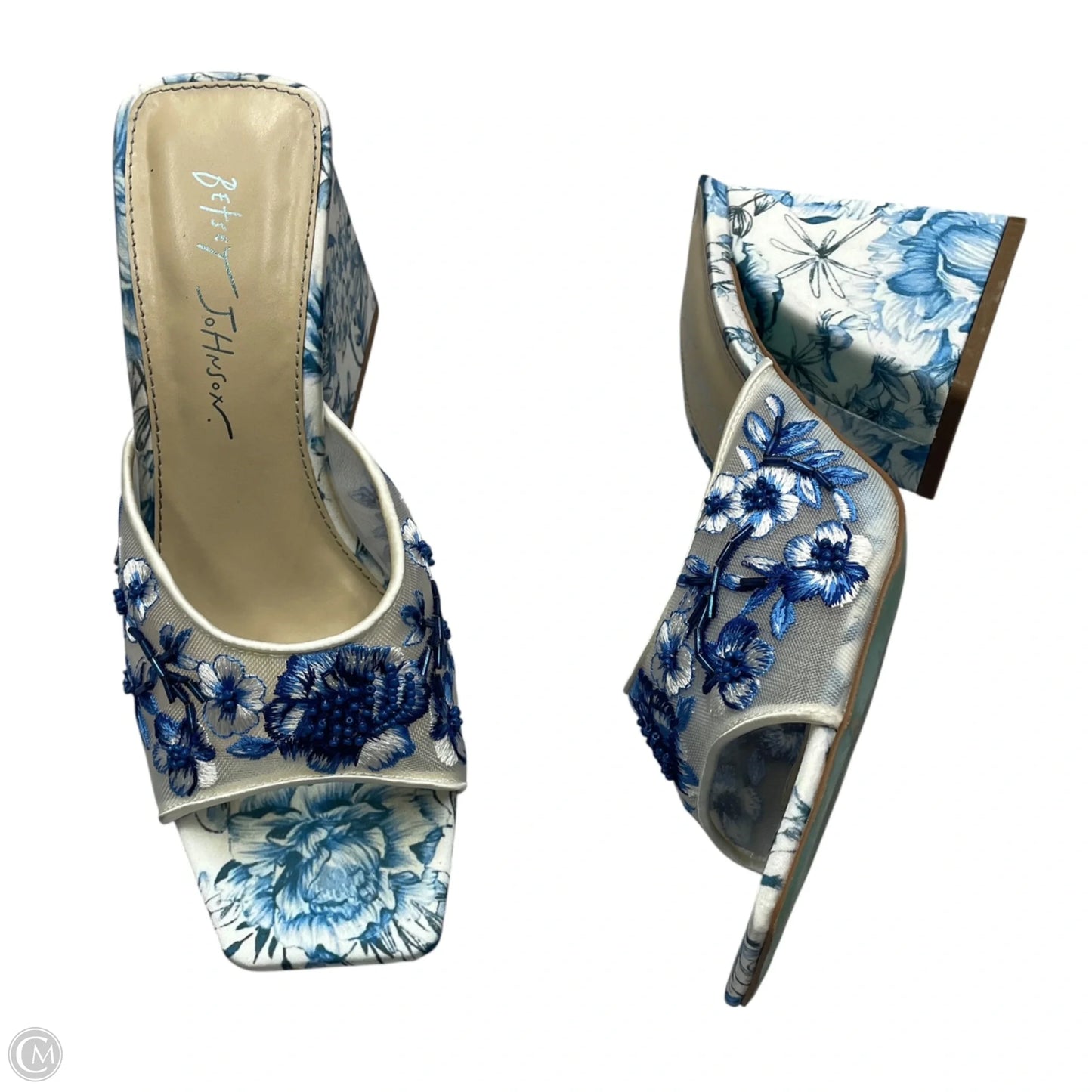 Sandals Heels Block By Betsey Johnson In Blue & White, Size: 8