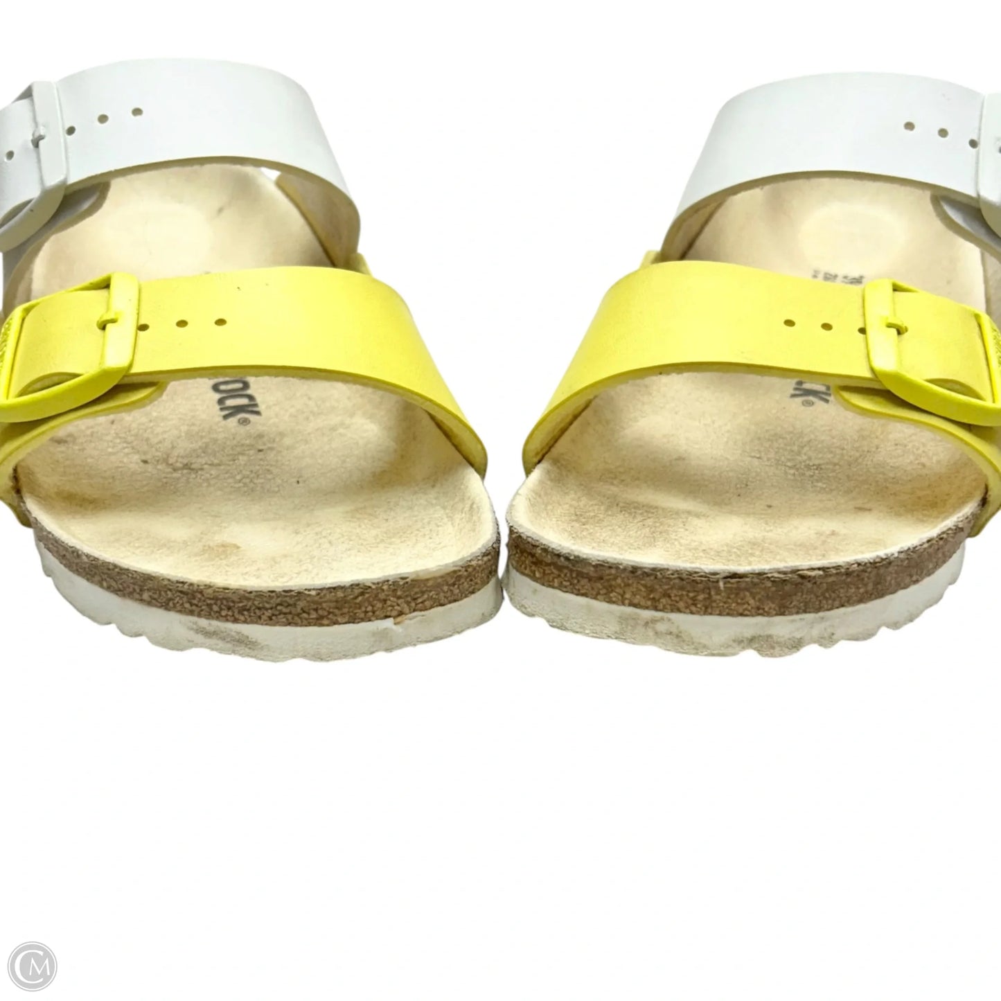 Sandals Flats By Birkenstock In White & Yellow, Size: 8