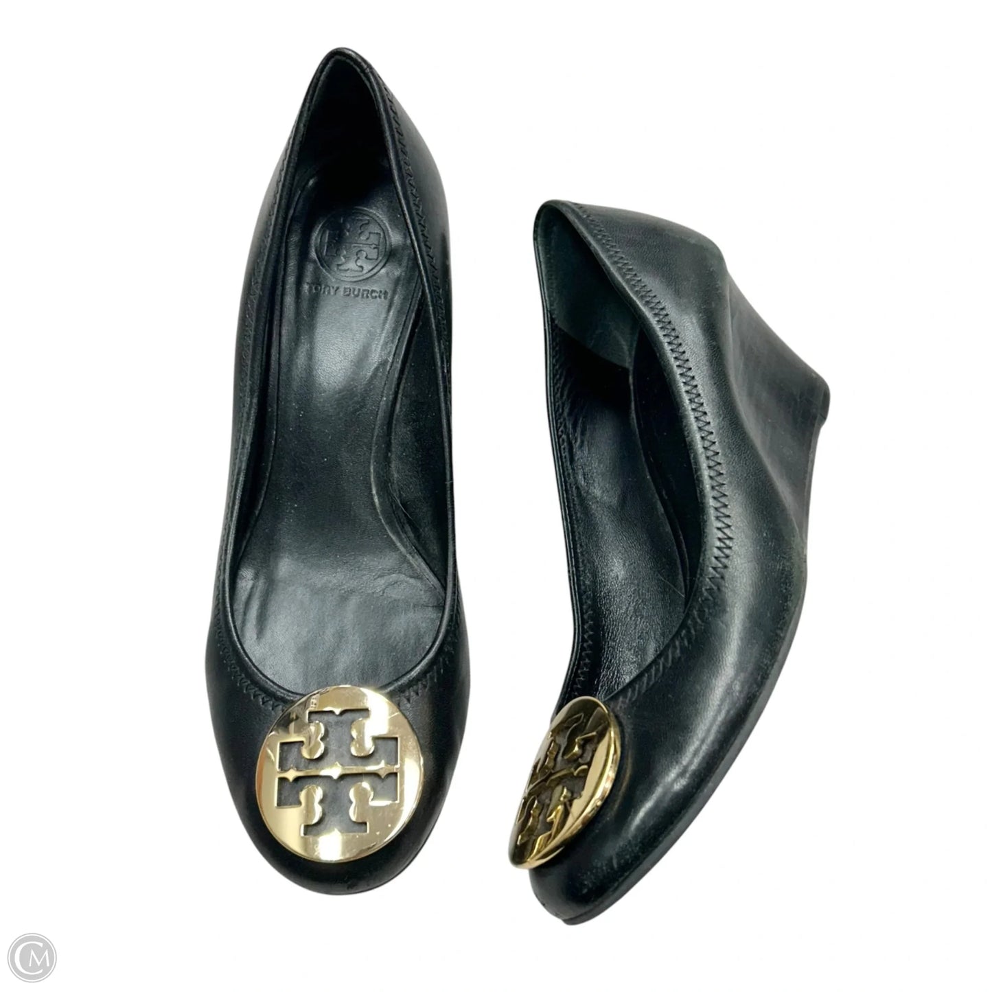 Shoes Designer By Tory Burch In Black & Gold, Size: 7.5