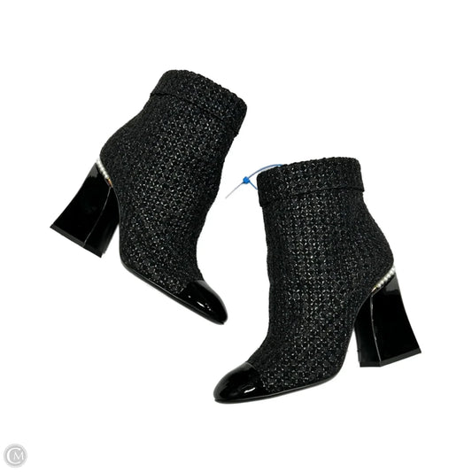 Boots Luxury Designer By Chanel In Black & Silver, Size: 9