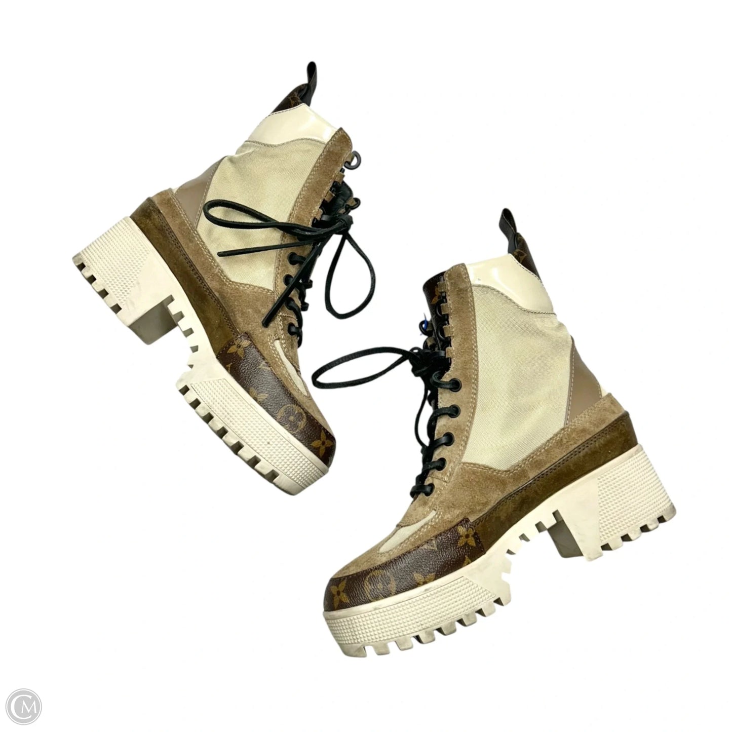 Boots Luxury Designer By Louis Vuitton In Brown & Cream, Size: 7