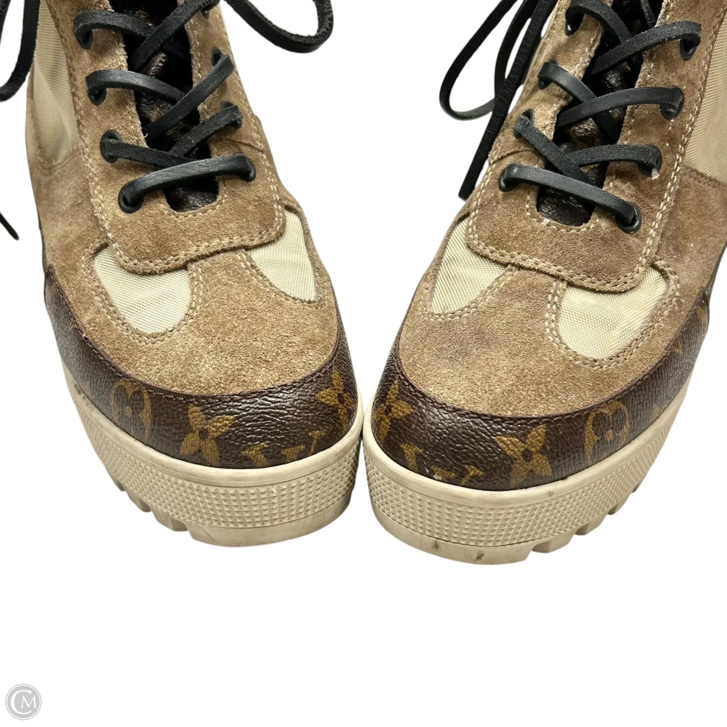 Boots Luxury Designer By Louis Vuitton In Brown & Cream, Size: 7