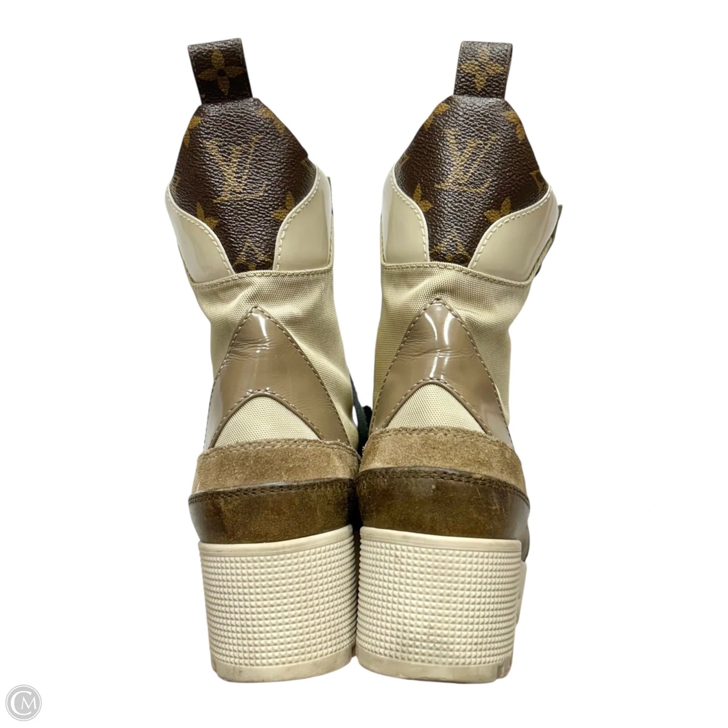 Boots Luxury Designer By Louis Vuitton In Brown & Cream, Size: 7