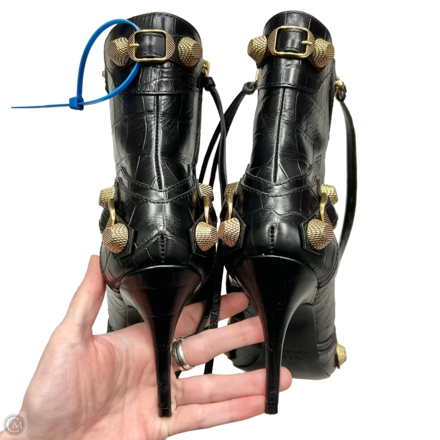 Boots Luxury Designer By Balenciaga In Black & Gold, Size: 7