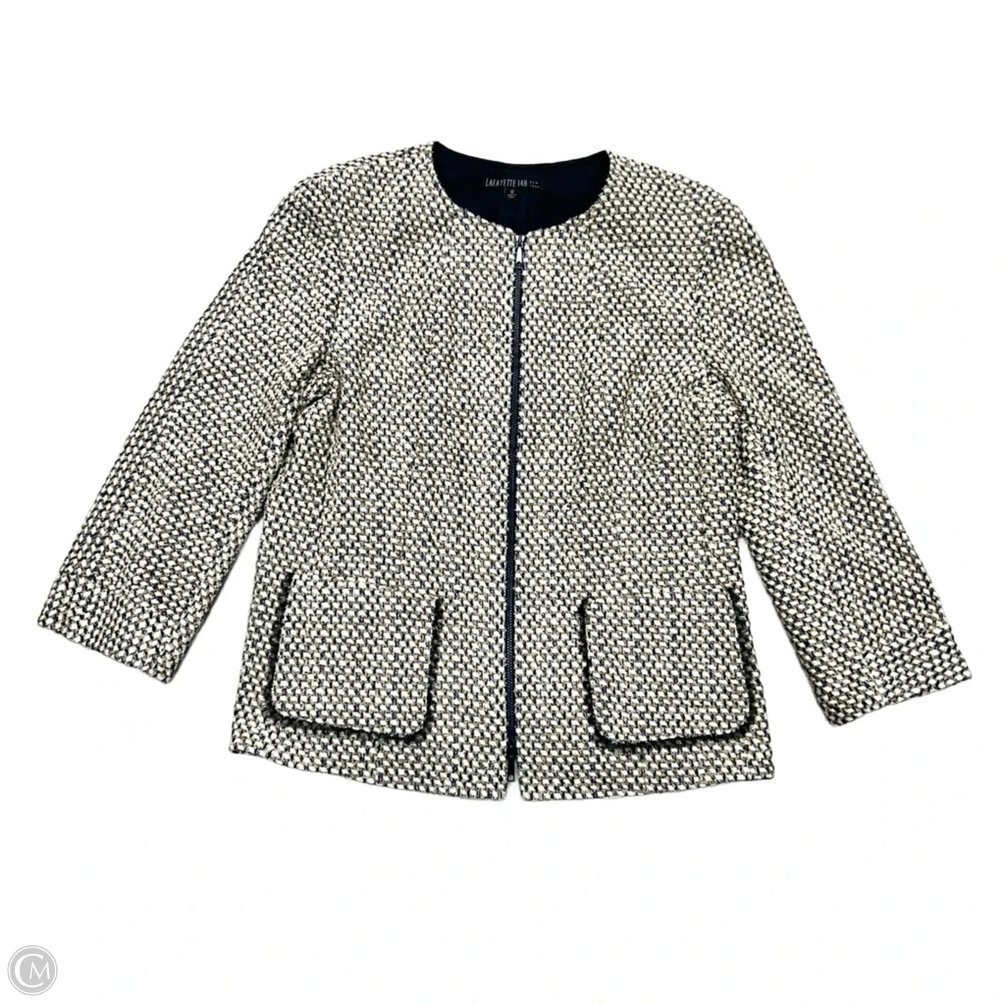 Blazer Designer By Lafayette 148 In Blue & Cream, Size: L