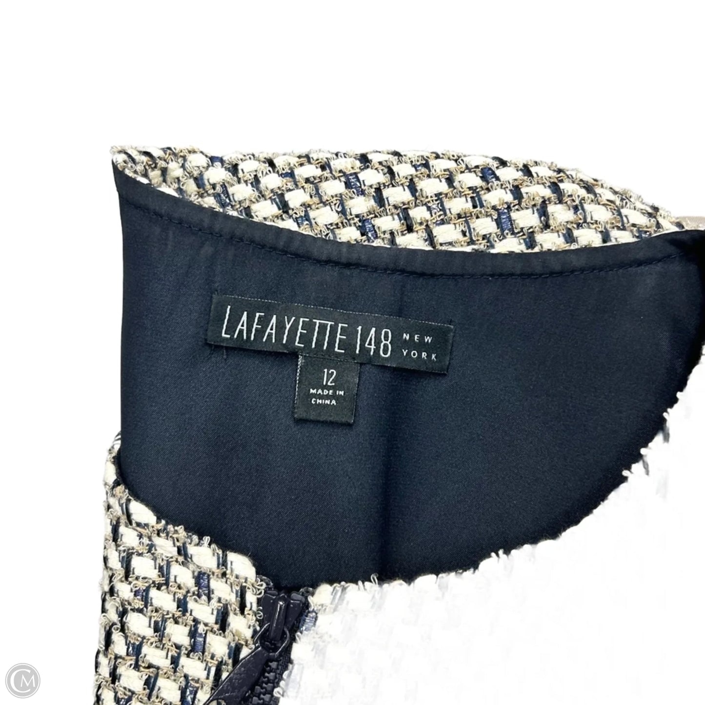 Blazer Designer By Lafayette 148 In Blue & Cream, Size: L