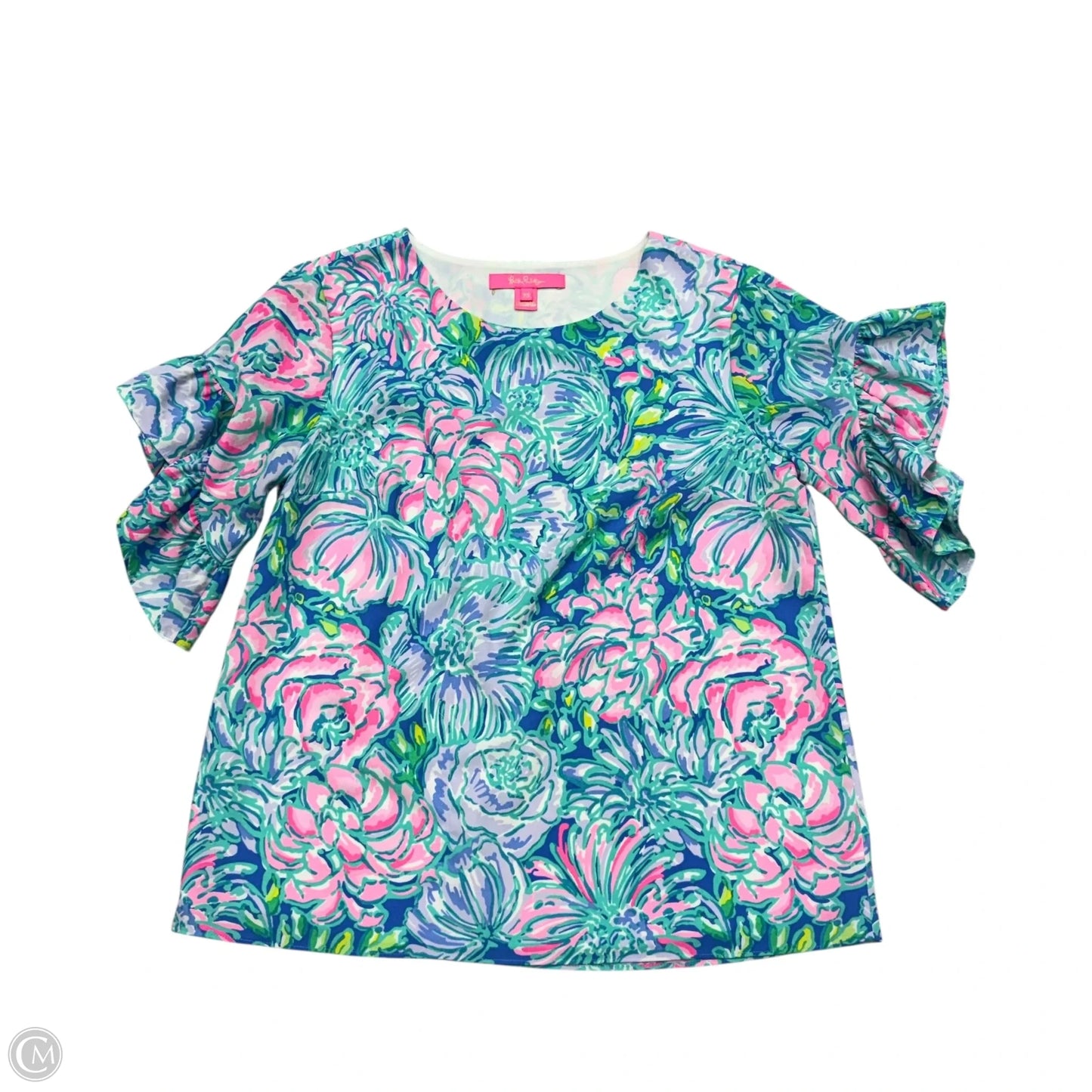 Top Short Sleeve Designer By Lilly Pulitzer In Blue & Pink, Size: Xs