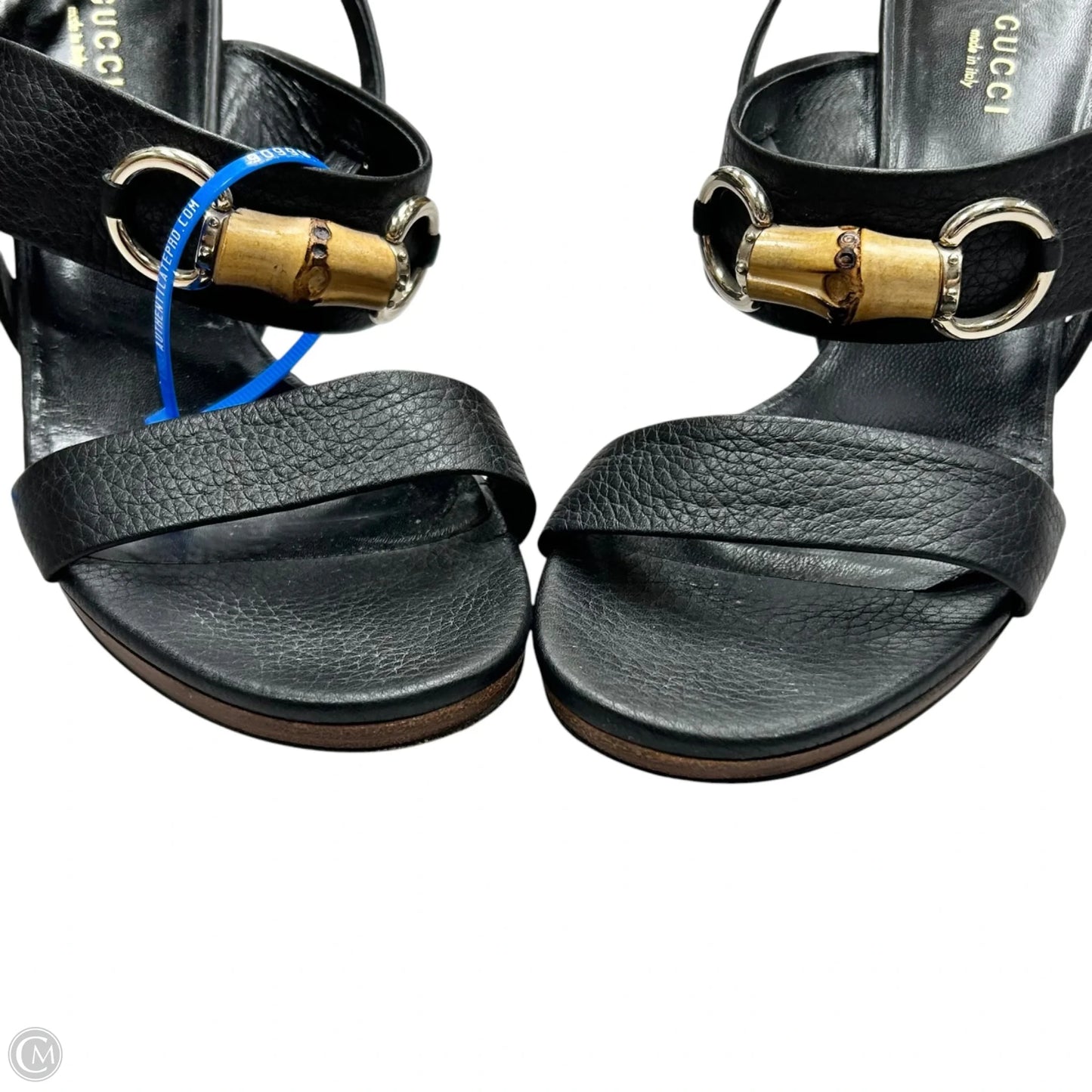 Sandals Luxury Designer By Gucci In Black & Gold, Size: 7.5