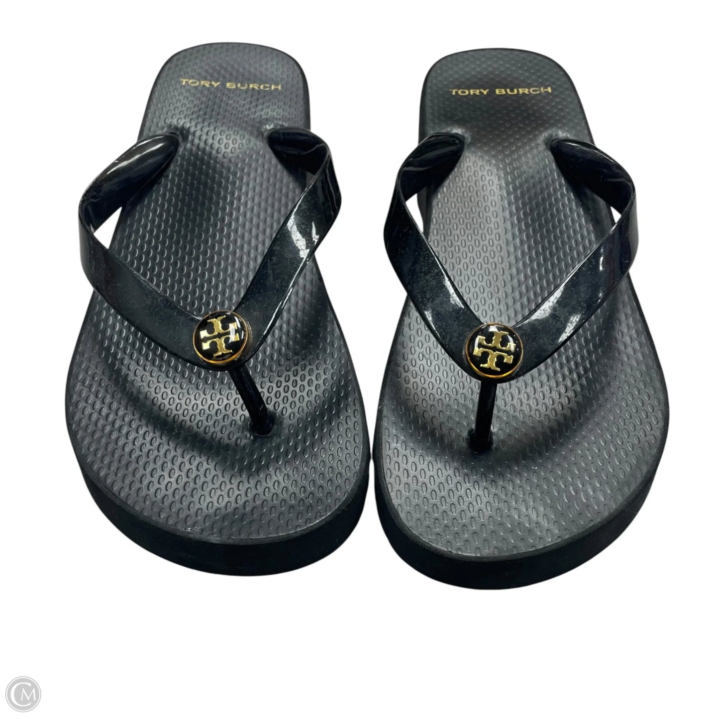Sandals Designer By Tory Burch In Black & Gold, Size: 8