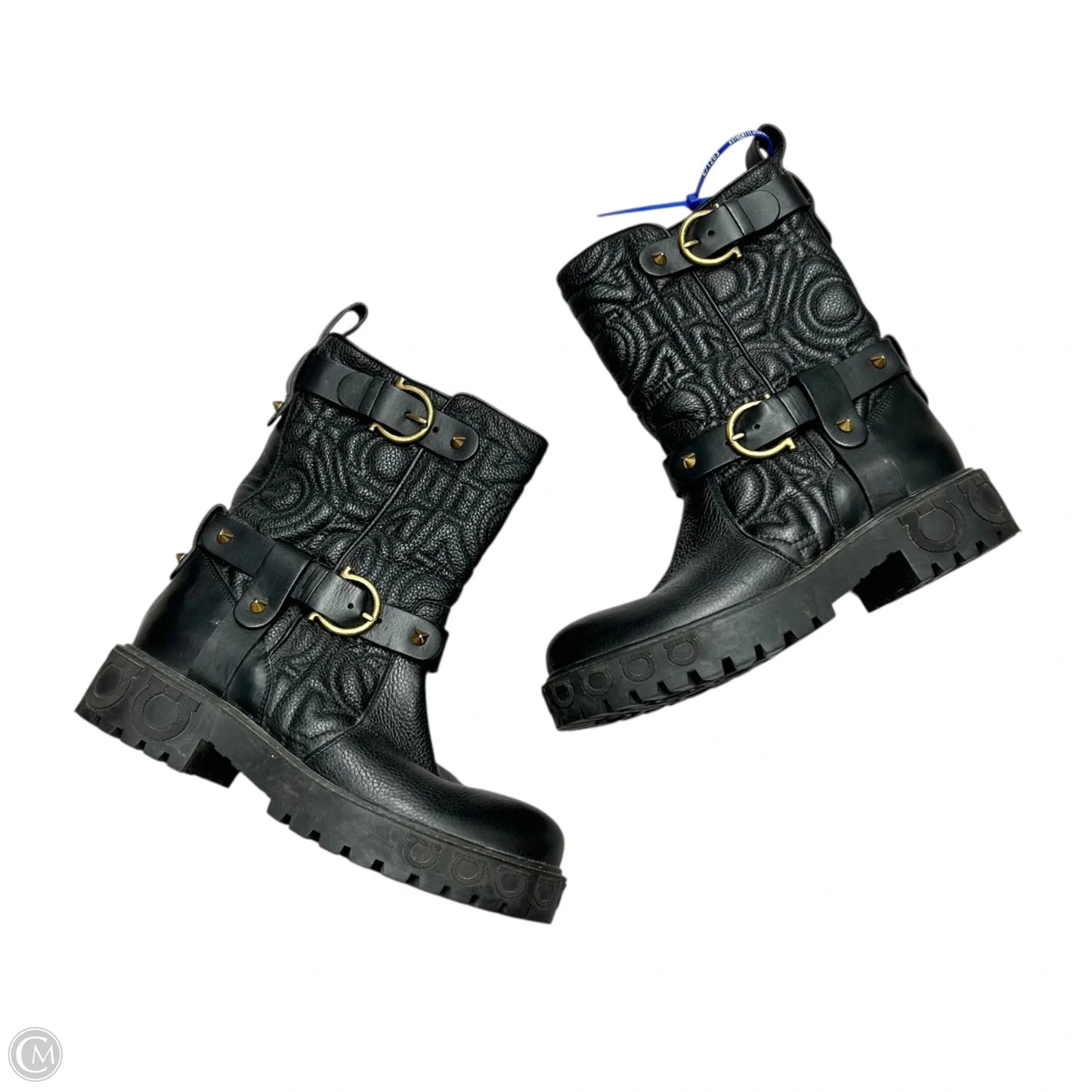 Boots Luxury Designer By Salvatore Ferragamo In Black Gold, Size: 6.5