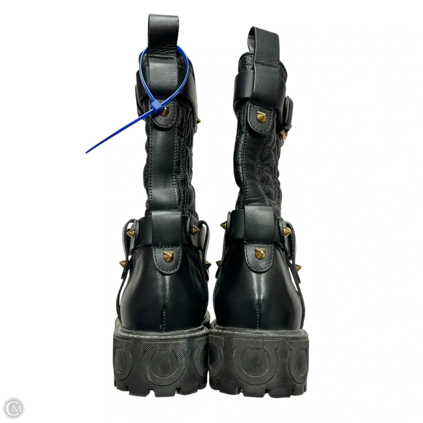 Boots Luxury Designer By Salvatore Ferragamo In Black Gold, Size: 6.5