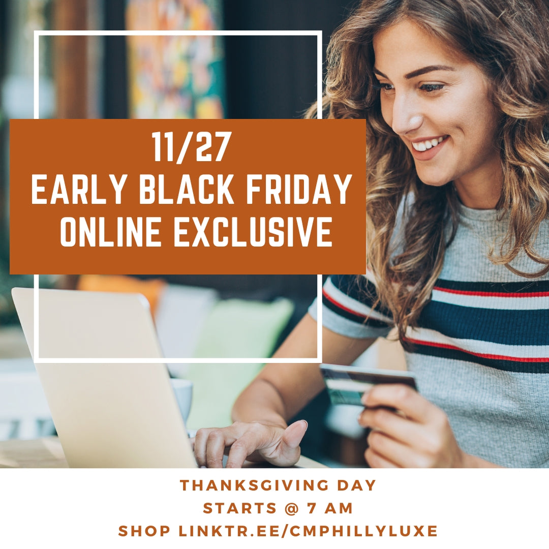Woman using a laptop with a credit card, promotional text for an early Black Friday offer.
