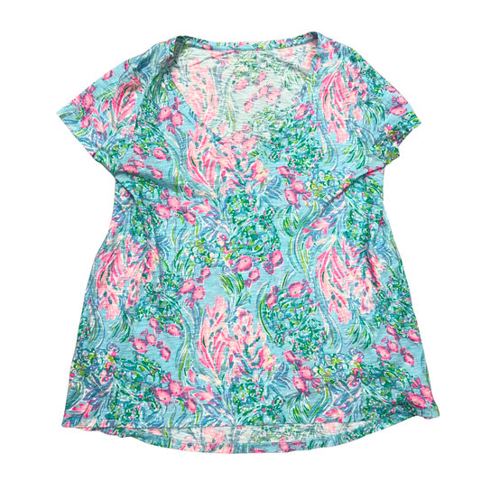 Top Short Sleeve Designer By Lilly Pulitzer In Blue & Pink, Size: M